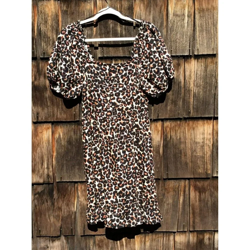 Who What Wear Womens Dress Small Baby Doll Leopard Print Linen Rayon Puff Sleeve